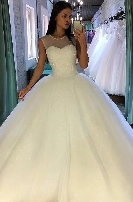 Fresh Styles, Fresh Deals Sexy Sleeveless Scoop Tulle Sequins Ball Gown Wedding Dresses Coastal Beach - Inspired Style