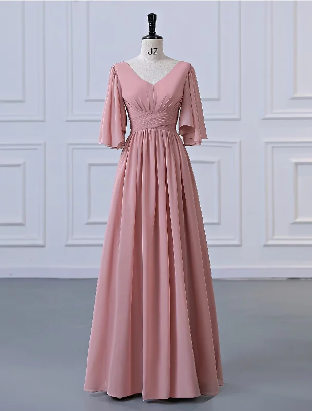 Unbeatable Deals A-Line Bridesmaid Dress V Neck Half Sleeve Elegant Floor Length Chiffon with Pleats / RufflesA-Line Bridesmaid Dress V Neck Half Sleeve Elegant Floor Length Chiffon with Pleats / Ruffles Now On Sale For Chic Urban Styles