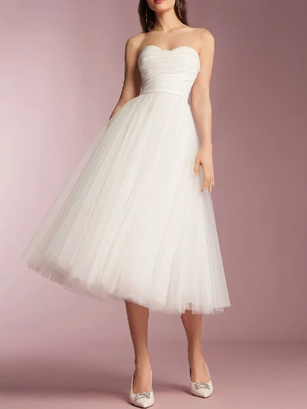 Romantic Chic Deals Strapless Midi Wedding Dress Tulle Circle Cut Skirt Grab Romantic Date - Night Styles Now