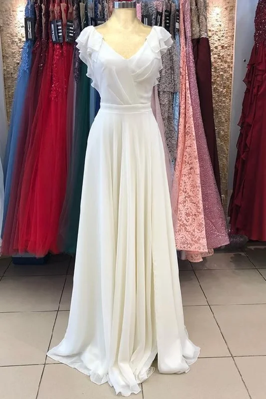 Flash Sale Starts White Chiffon V-Neck Backless Ruffled Long Bridesmaid Dress Classic Appeal