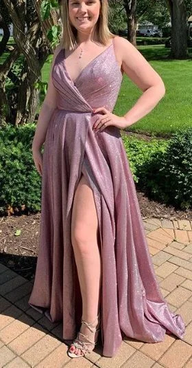 Summer Deals Straps V Neck Long Prom Dress Fuchsia Silver Formal Evening Gown with Slit   cg6632 Statement Piece