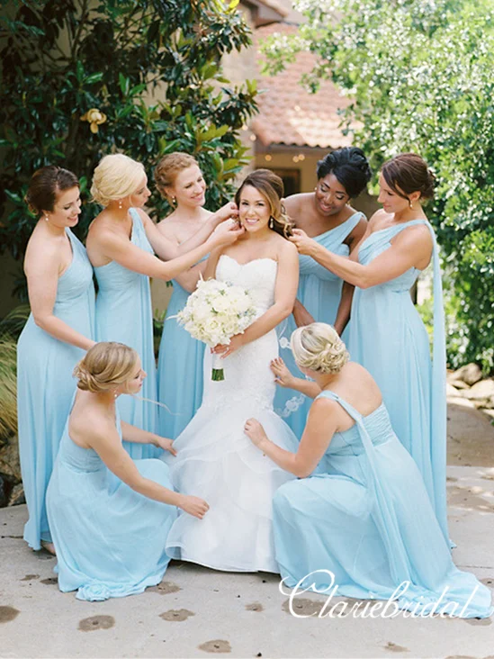 Stylish Statements Mismatched Blue Chiffon A-line Long Bridesmaid Dresses Rustic Countryside Charm Look