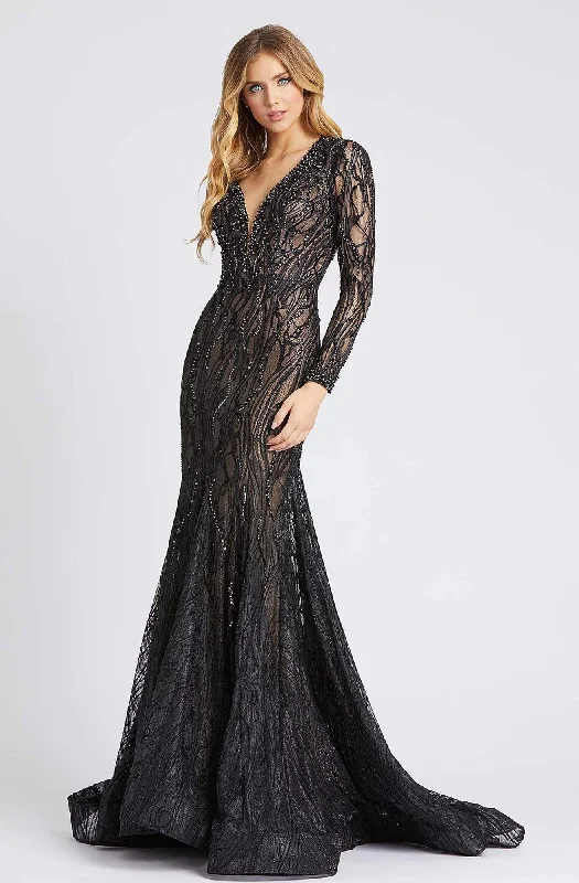 Contemporary Casual Deals Mac Duggal Evening - 79291D Long Sleeve Sheer Laced Long Dress Feminine Soft - Hued Styles