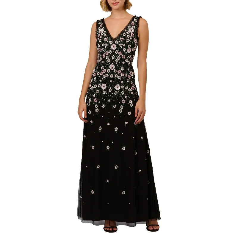 Evening Elegance Womens Floral Beaded Evening Dress Luxury Style