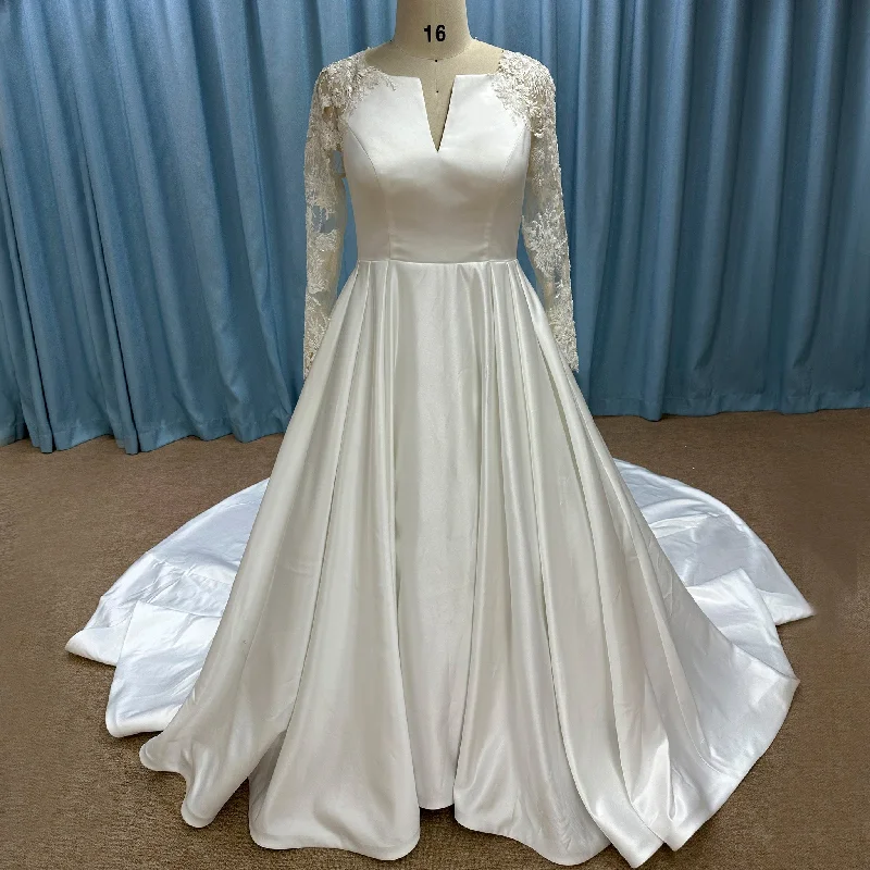 Hot Deals Gorgeous A-line Satin Wedding Dress with Long Sheer Sleeves Playful Elegance