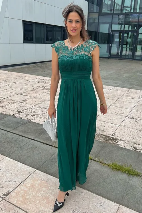 Fast Fashion Favorites Hunter Green Chiffon Lace Cap Sleeve Bridesmaid Dress Lightweight Fabric