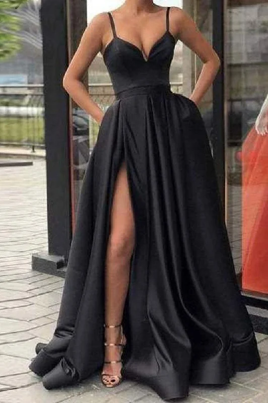 Vibrant Style Promotions A Line Black Spaghetti Straps Split Long Satin Prom Dress Luxury Style