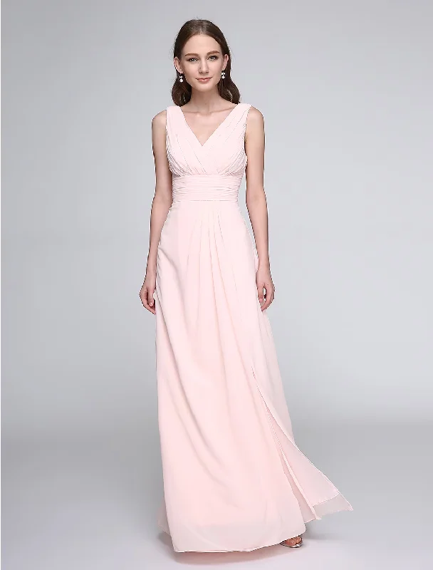 Huge Price Cut Sheath / Column Bridesmaid Dress V Neck Sleeveless Elegant Floor Length Chiffon with Criss Cross / Ruched Discounts On Casual Weekend Styles