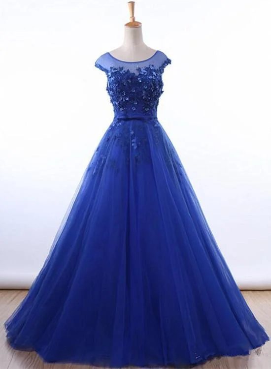 Fashion Forward Royal Blue Ball Gown Tulle With Lace Round Cap Sleeves Prom Dress, Blue Sweet 16 Dress   cg16637 Chic Urban Fashion Look