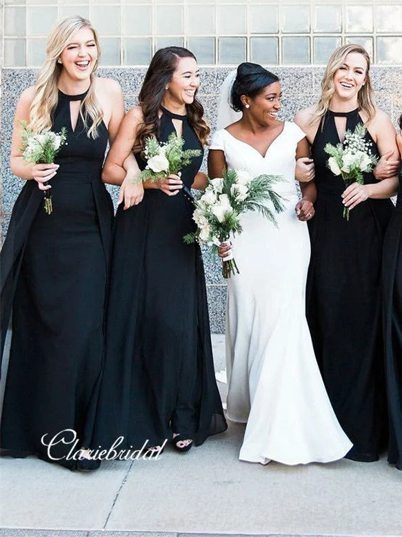 Bid Farewell To The Old Season Long A-line Black Chiffon Bridesmaid Dresses With Key Hole Feminine Grace