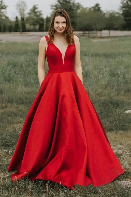 Find Your Unique Flair A Line V-Neck Satin Red Fluffy Prom Dresses with Pockets Feminine Grace