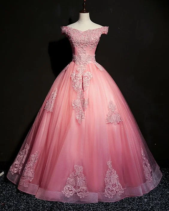 Fashionable Comfort Promotions Pink tulle off shoulder v neck long formal dress, prom gown with lace applique   cg12046 Elegant Details