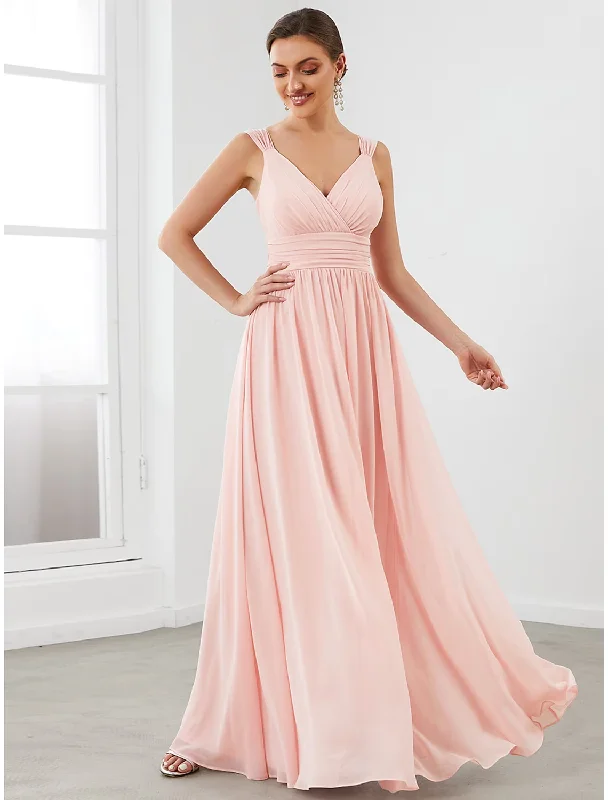 Buy More, Save More A-Line Bridesmaid Dress V Neck Sleeveless Vintage Floor Length Chiffon with Tier End - Of - Month Blowout