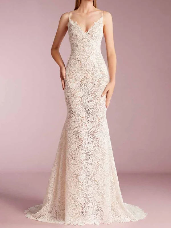 Retro Style Promotions Sleeveless Mermaid Wedding Dress V-Neck Lace Embroidery Chic Allure