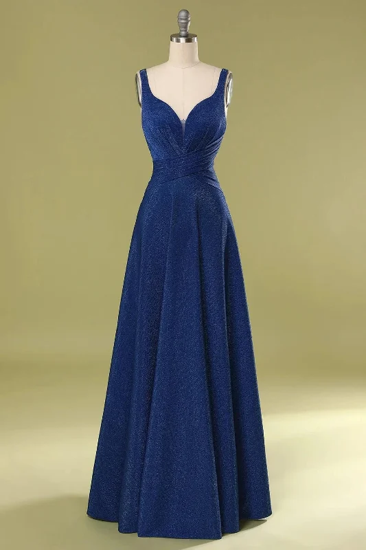 Everyday Elegance Sale Navy Blue V-Neck Straps Gathered Long Bridesmaid Dress Y2K Nostalgic Fashion Look