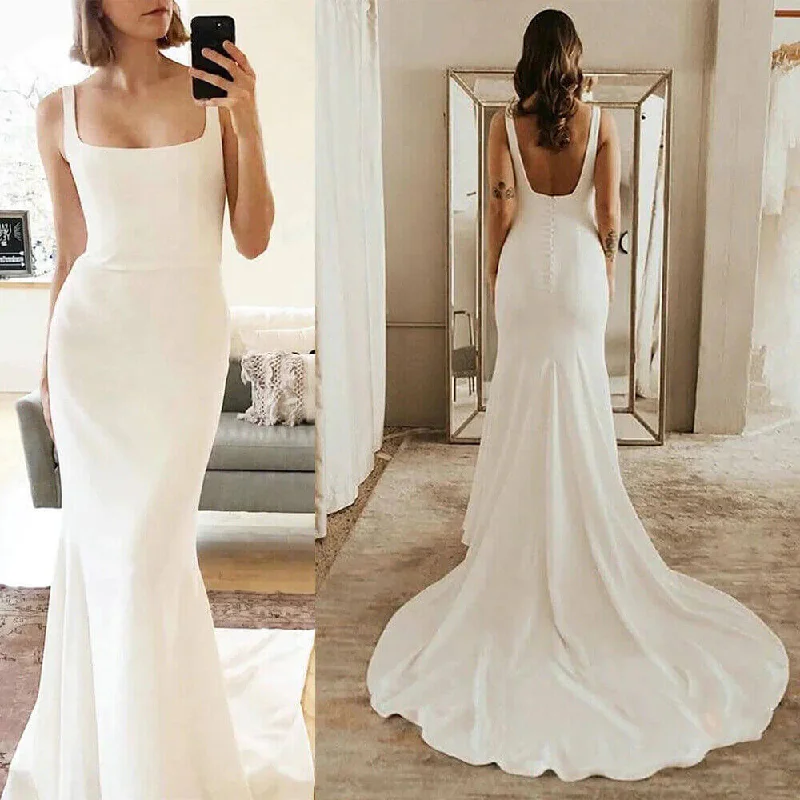 Trend Forward Threads Long Simple Square Satin Ivory Wedding Dresses UK Mermaid Luxury Style