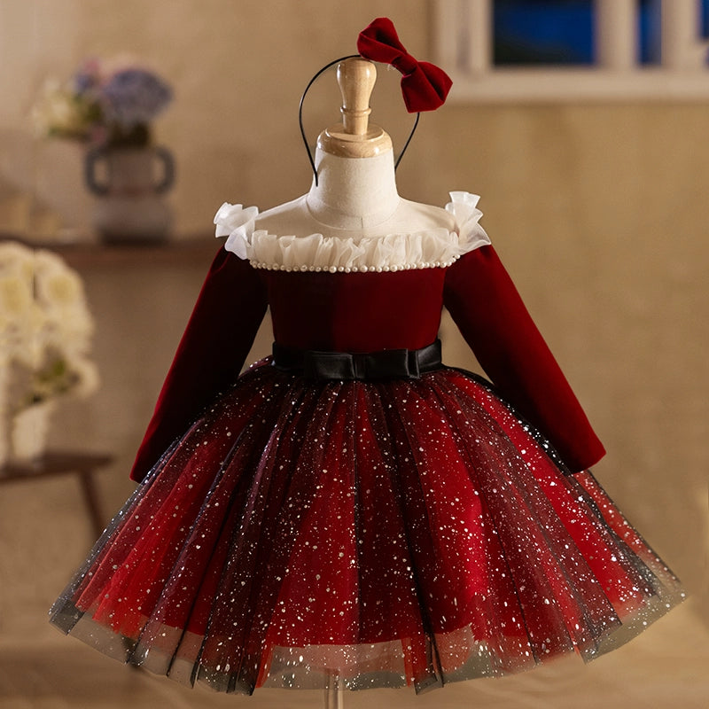 High-End Style Discounts Children's Long Sleeve Birthday Dress Red Princess Dress Rustic Countryside Charm Look