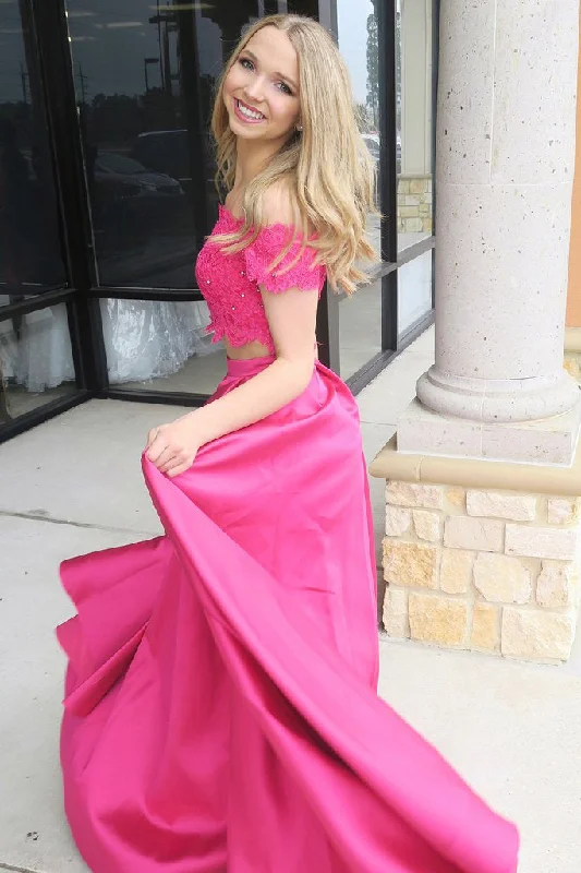 Clearance Sale, All Cheap Fuchsia Off Shoulder Prom Dresses with Lace Two Piece Long Satin Formal Dresses N1154 Holiday Sale