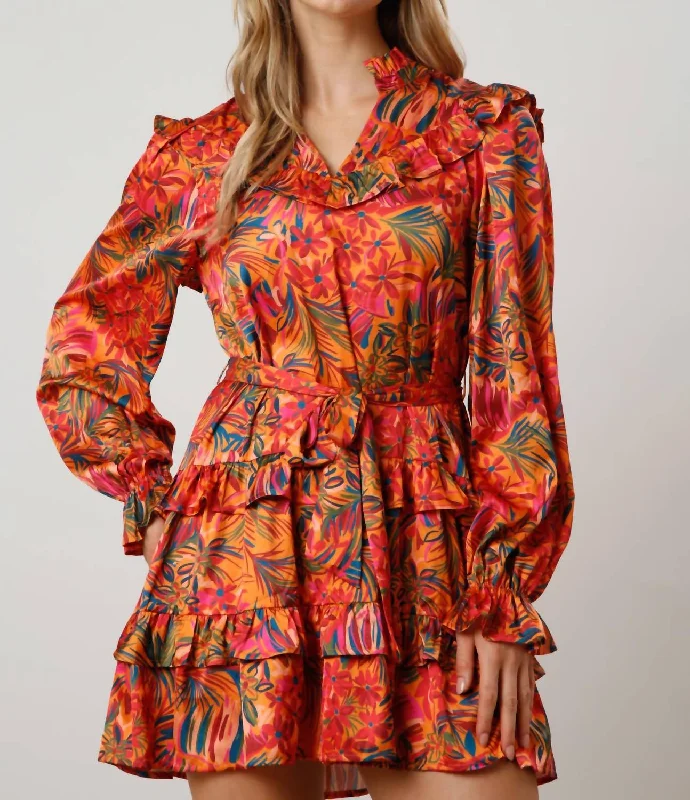 Save Big Satin Mini Dress In Wild Floral Print Graceful Cut