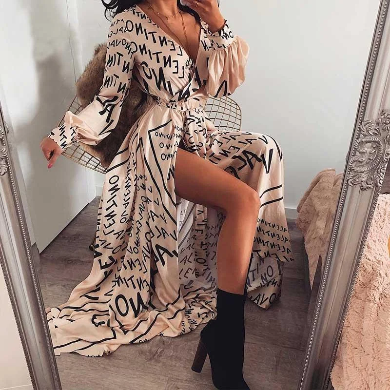 Summer Deals JuliaFashion - 2024 Vintage Letter Printed Long Sleeve Wrap Dress Romantic Date - Night Ensemble