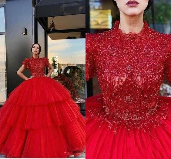 Stupidly Low Prices red ball gown prom dresses lace appliqué beaded short sleeve elegant tiered luxury prom gowns   cg17562 Boho - Chic Festival - Ready Style