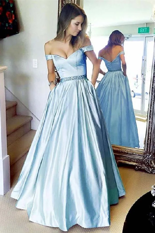 Hot Deals Light Blue Off the Shoulder Satin Prom Dresses with Beading  Long Formal Dresses N1566 Hollywood Glam Award - Show Style