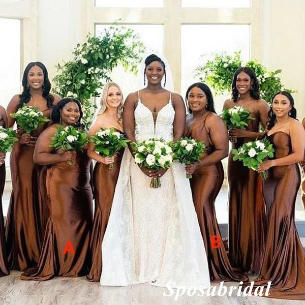 Polished Style Deals Mismatched Brown Soft Satin Sleeveless Mermaid Floor Length Bridesmaid Dresses, BD3341 Modern Romance