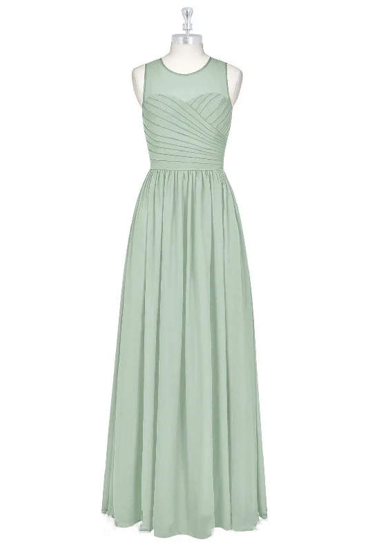 Chic And Trendy Sage Green Sheer Crew Neck Long Bridesmaid Dress Charming Silhouette