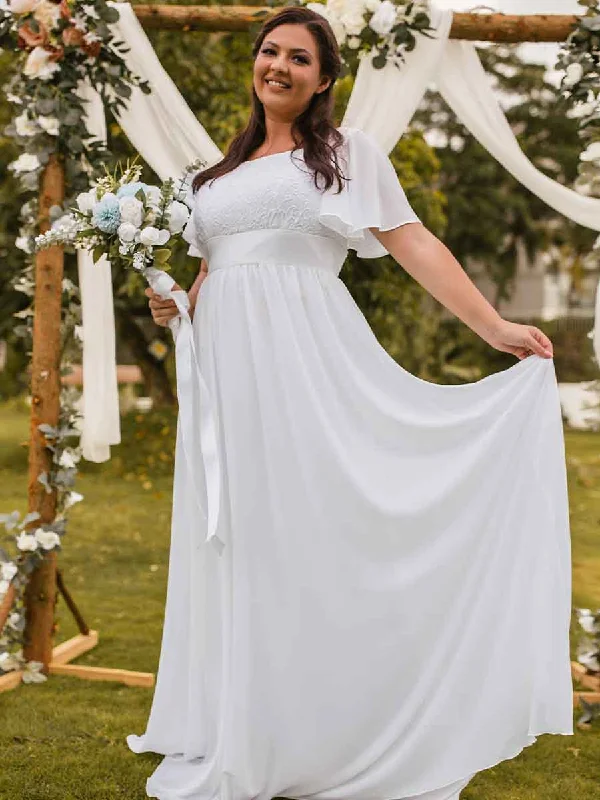 Trendy Threads Plus Size Flutter Sleeve Wedding Dresses Chiffon A-line Limited - Time Bundle