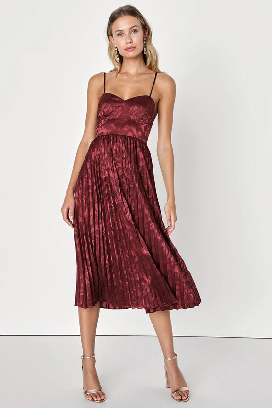 Hot Trends Satin Jacquard Pleated Midi Dress Sleek Design