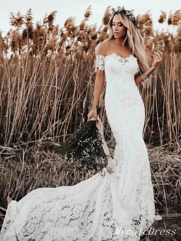 Limited Stock Off the Shoulder Lace Beach Boho Wedding Dresses Mermaid Bridal Wears Final Clearance