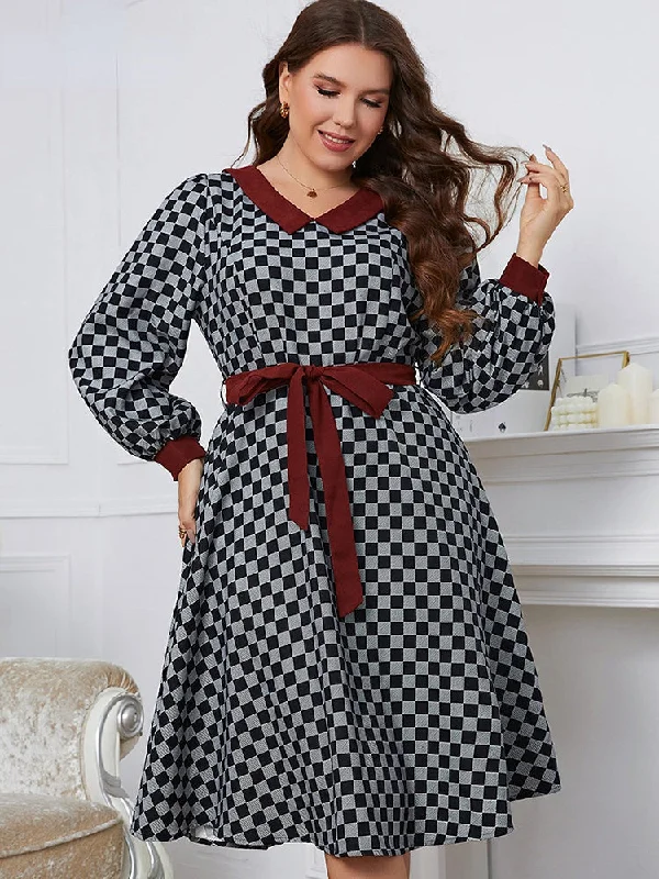 Exclusive Designer Style Deals JuliaFashion-Plaid A-line Long Sleeve Lace Up Casual Office Dress Minimalist Office - Ready Style