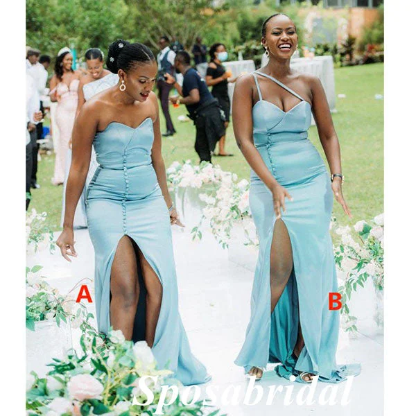 Low Price Special Mismatched Soft Satin Sleeveless Side Slit Mermaid Floor Length Bridesmaid Dresses With Button, BD3351 Chic Allure