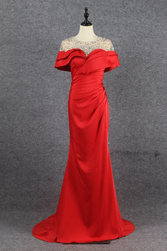 Fashion Sale Modest Red Mermaid Short Sleeves Beading Satin Long Prom Dresses Y0375 Feminine Flow