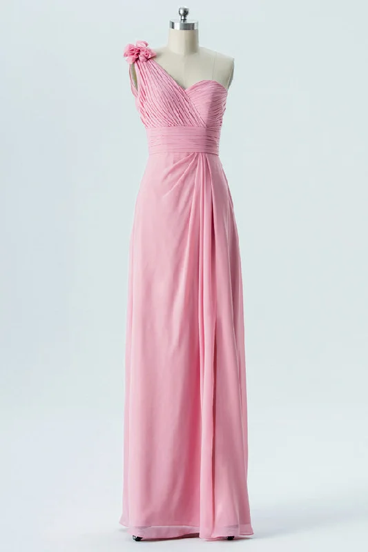 Casual Fashion Pink One-Shoulder Flower Bridesmaid Dress Luxe Layering