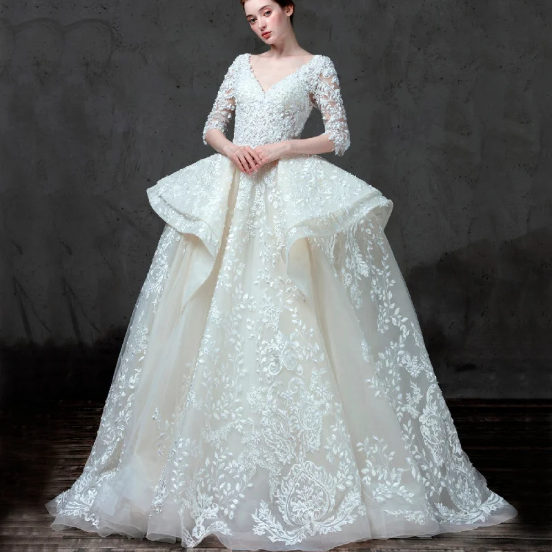 Polished Style Deals Lace Half Sleeve Wedding Dress with Vneck & Ruffle Skirt Weekend Special