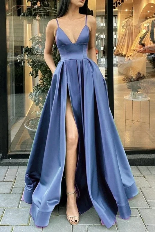 High-End Style Discounts Elegant Spaghetti Straps Front Split Satin Long Prom Dresses For Teens PO216 Flash Sale