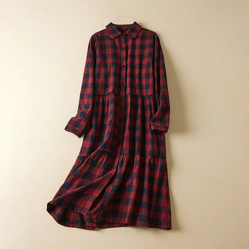 Daring Fashion Promotions Babakud Women Autumn Loose Cotton Linen Plaid Long Sleeves Dress Great Deals On Ethnic Cultural Wear