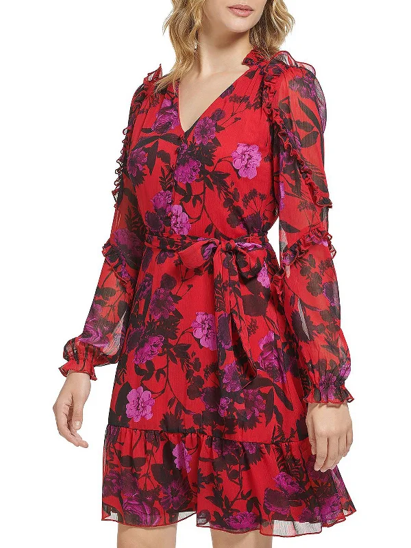 Weekend Exclusive Womens Chiffon Floral Fit & Flare Dress End - Of - Month Blowout