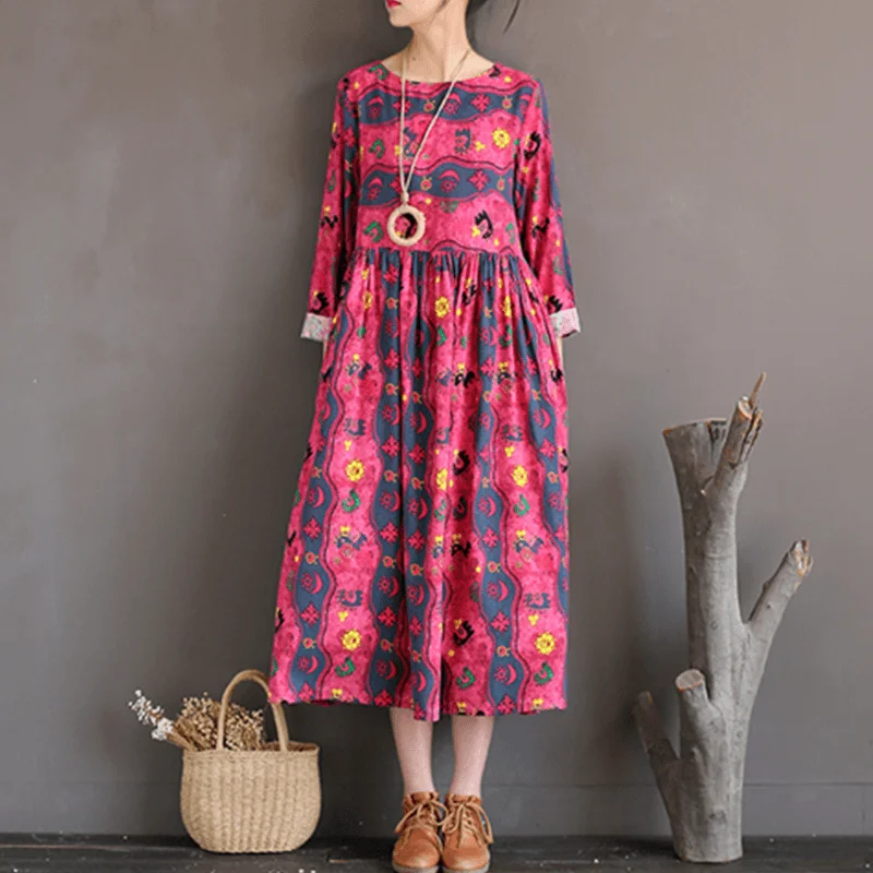 Casual Yet Chic Sales Babakud Vintage Cotton Linen Loose Printed Long Sleeve Dress Holiday Sale