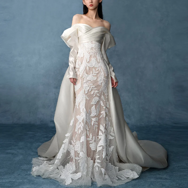 Vintage-Modern Style Offers Satin & Lace Detachable Train Wedding Dress Long Sleeve Limited - Edition Drops