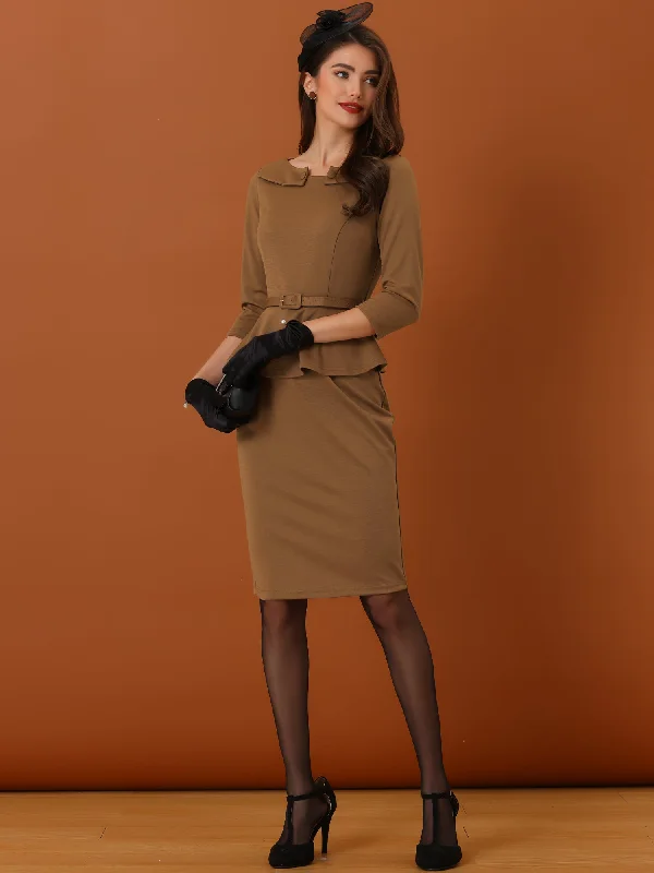 Sophisticated Style Offers 3/4 Sleeve Midi Bodycon Peplum Sheath Pencil Dress Graceful Movement