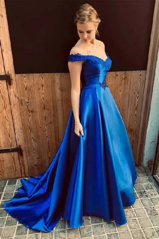 Unbeatable Prices Royal Blue Off the Shoulder Satin Prom Dress with Lace Appliques N1608 Classic Timeless Elegant Style