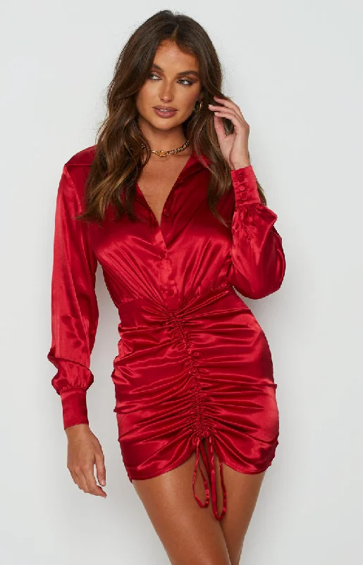 Season Sale Lover Satin Shirt Dress Red Elegant Details