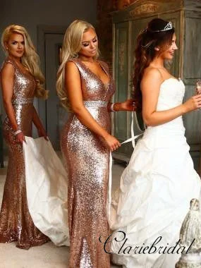 Fashion Forward V-neck Sequin Mermaid Bridesmaid Dresses, Beaded Bridesmaid Dresses Dreamy Aesthetic