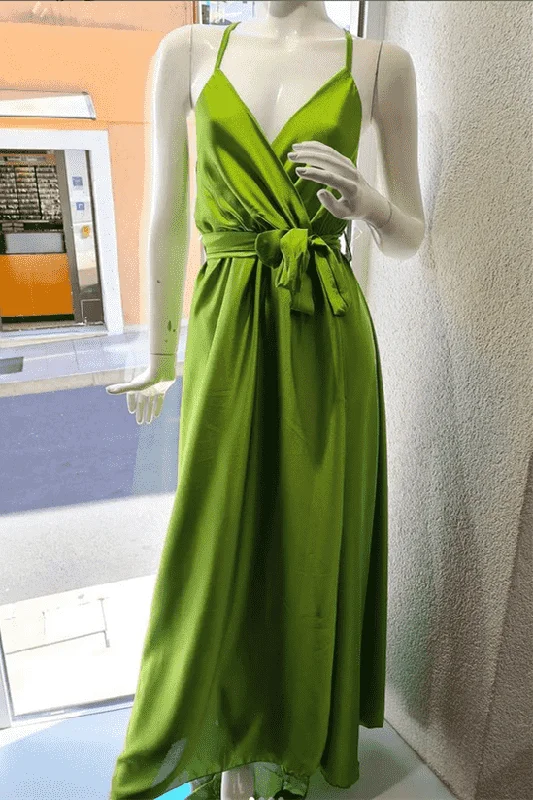 Feminine Luxe Style Sale Lime Green Satin Wrap Long Bridesmaid Dress Exquisite Craftsmanship