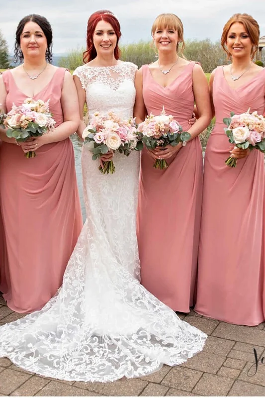 Timeless Style Promotions Pink Chiffon Wrap Sheer Back Long Bridesmaid Dress Alluring Design