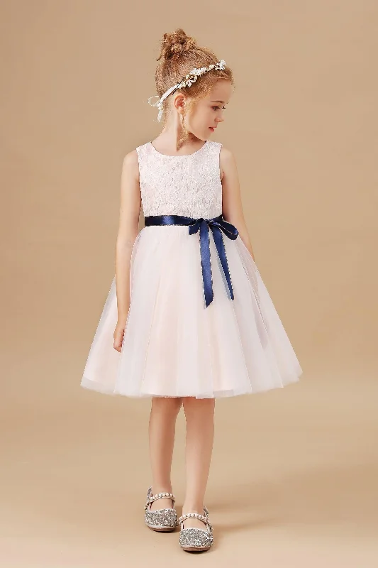 Trendy Styles Sleeveless Lace Tulle Satin Flower Girl Dresses With Bowknot Satin-Sash Romantic Flair