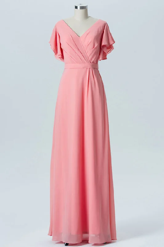 Modern Fashion Sale Pink Chiffon Ruffled Sleeves Backless Bridesmaid Dress Chic Allure