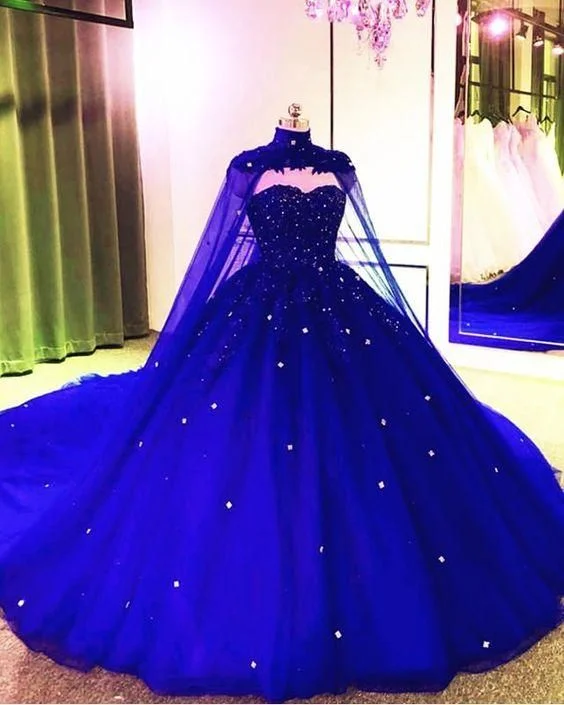 Luxe Style Discounts Royal Blue Tulle Ball Gown Prom Dress With Cape    cg12020 Dreamy Aesthetic